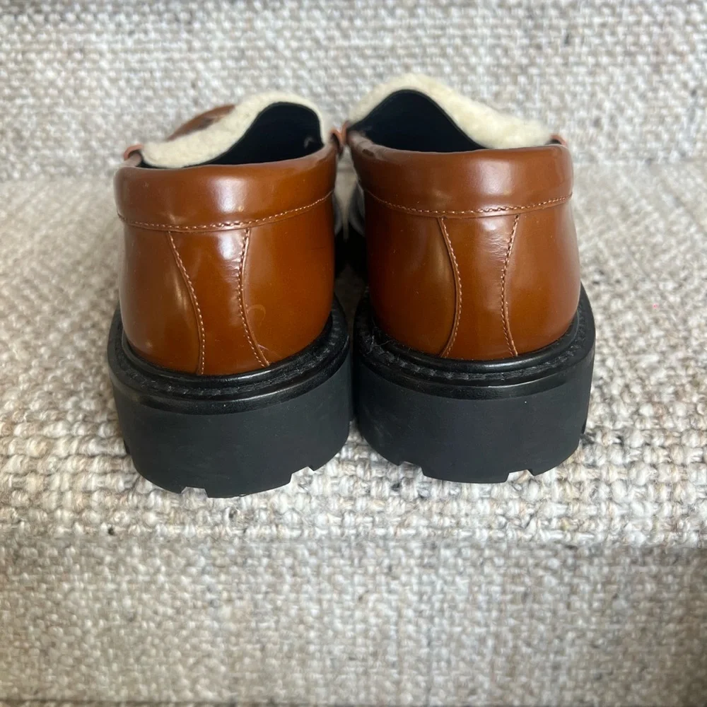 Celine Margaret Triomphe Tan Leather Shearling Loafers with Tassel 38 - Picture 4 of 7